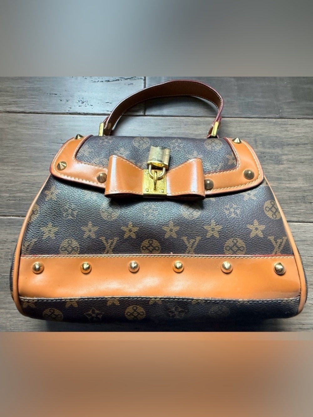 Monagram Brown Satchel with Tan Trim and Gold Hardware